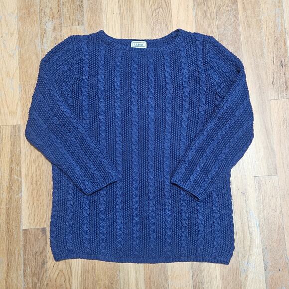 LL Bean Blue Cotton Fisherman Sweater Womens M Cable Knit Preppy‎ - Picture 1 of 8